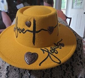 Yellow Wide-Brim Hat with Heart Accents